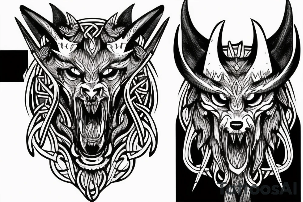 Viking style demon wolf with three arrows through it head tattoo idea