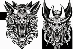 Viking style demon wolf with three arrows through it head tattoo idea
