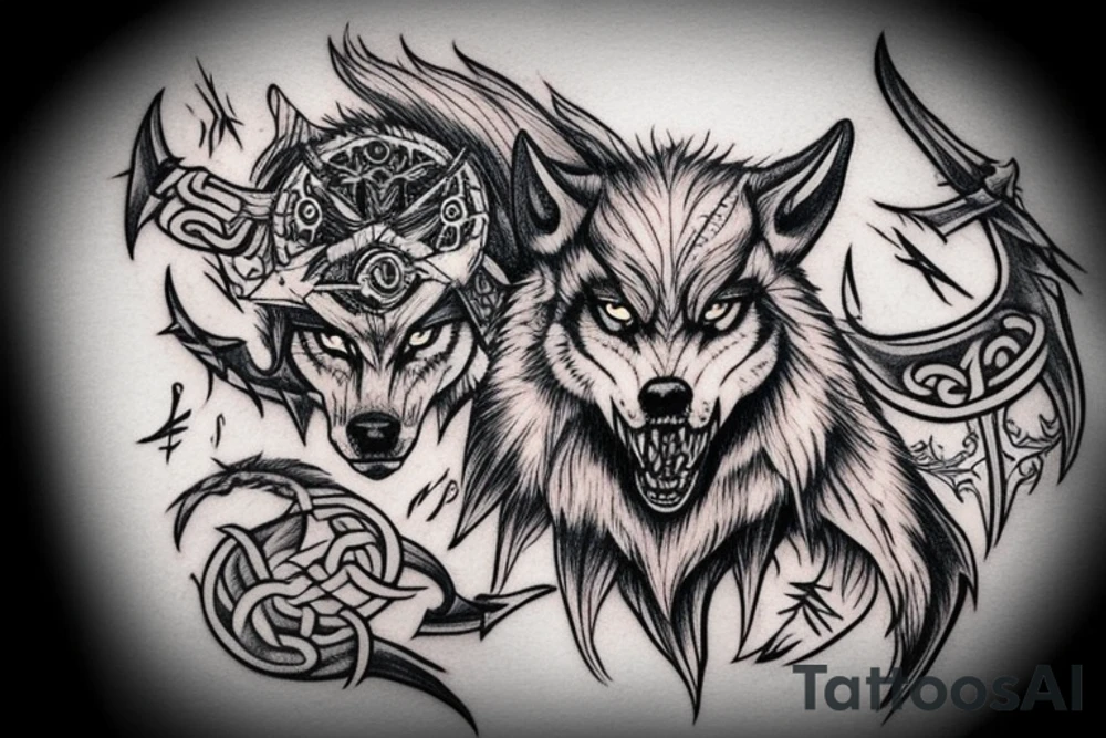 Viking style demon wolf with three arrows through it head tattoo idea