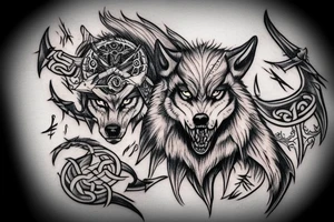 Viking style demon wolf with three arrows through it head tattoo idea