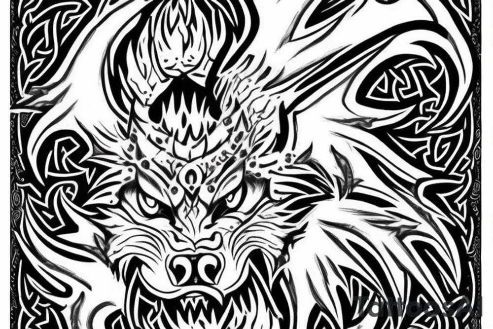 Viking style demon wolf with red eyes and three Indian  arrows through it head tattoo idea