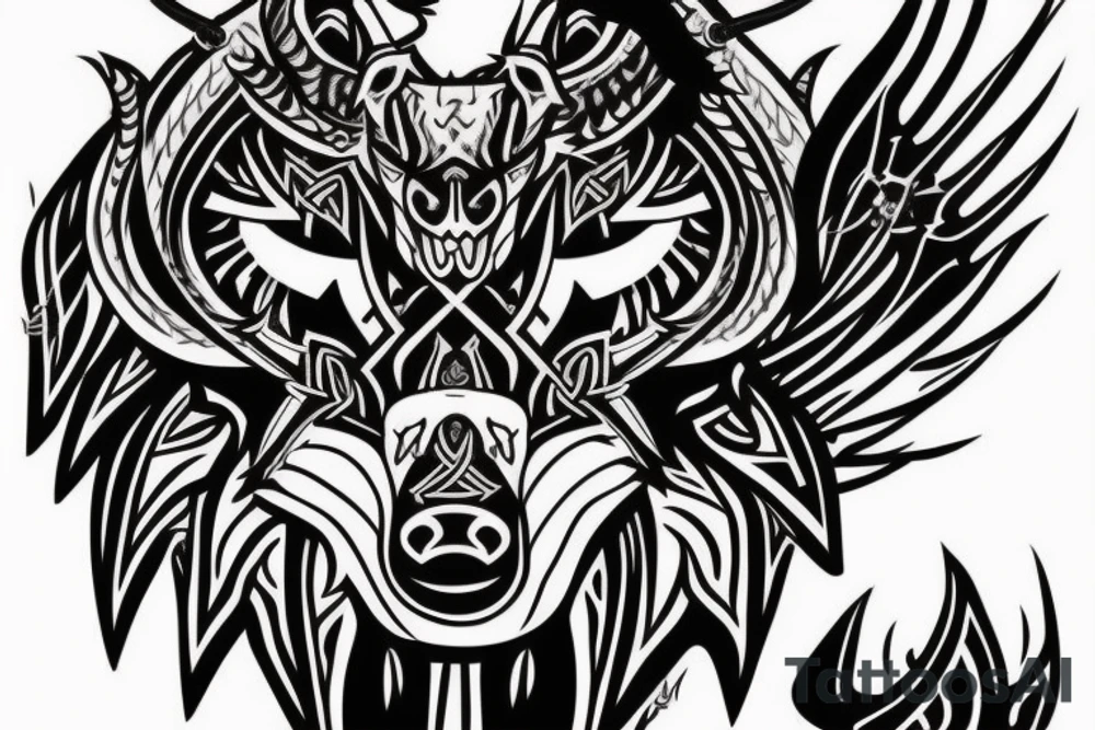 Viking style demon wolf with red eyes and three Indian  arrows through it head tattoo idea