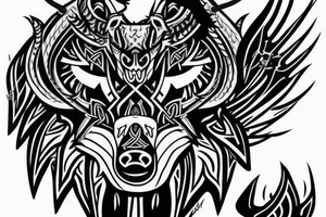 Viking style demon wolf with red eyes and three Indian  arrows through it head tattoo idea