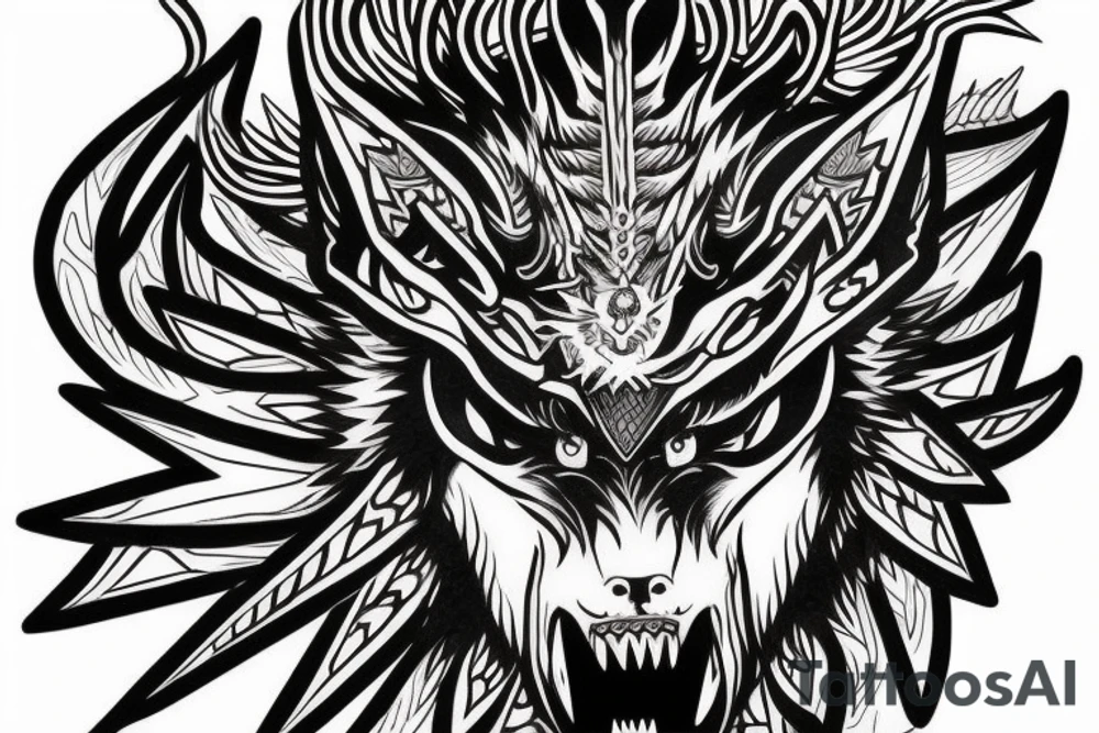 Japanese style demon wolf with red eyes and three Indian  arrows through it head tattoo idea