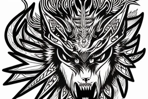 Japanese style demon wolf with red eyes and three Indian  arrows through it head tattoo idea