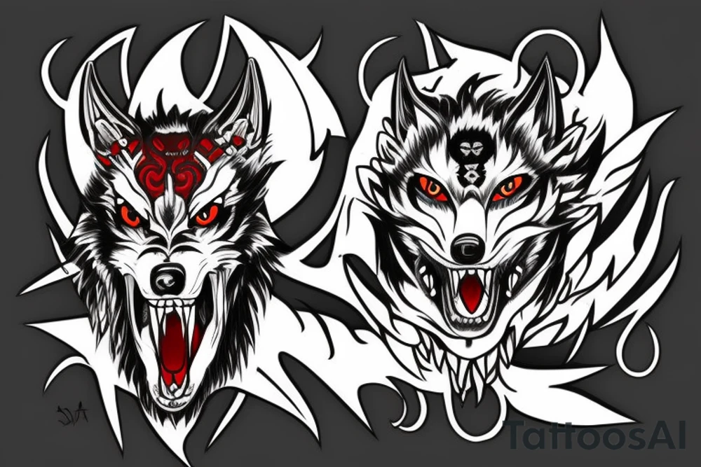 Japanese style demon wolf with red eyes and three Indian  arrows through it head tattoo idea