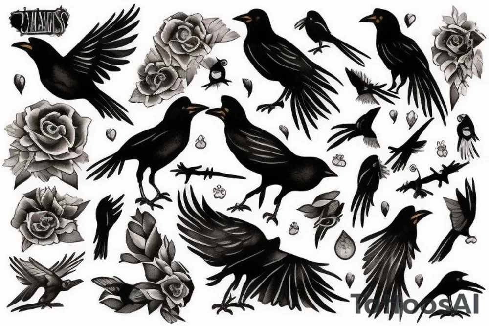 arm full of small crows tattoo idea