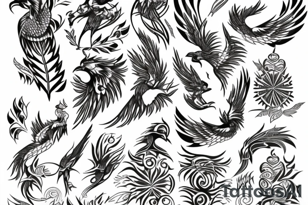 phoenix drawn with small flowers tribal art tattoo idea