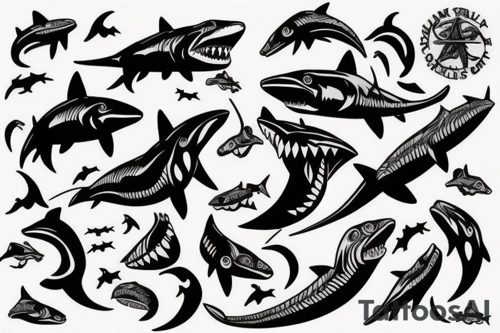 Ocean tribal Australia shark wave spear tattoo idea