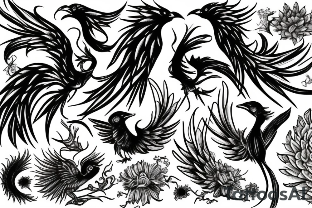 phoenix drawn with cipso flowers tattoo idea