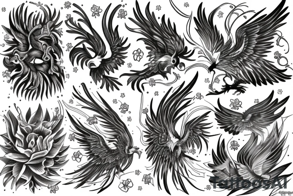 phoenix drawn with cipso flowers tattoo idea