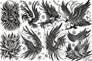 phoenix drawn with cipso flowers tattoo idea
