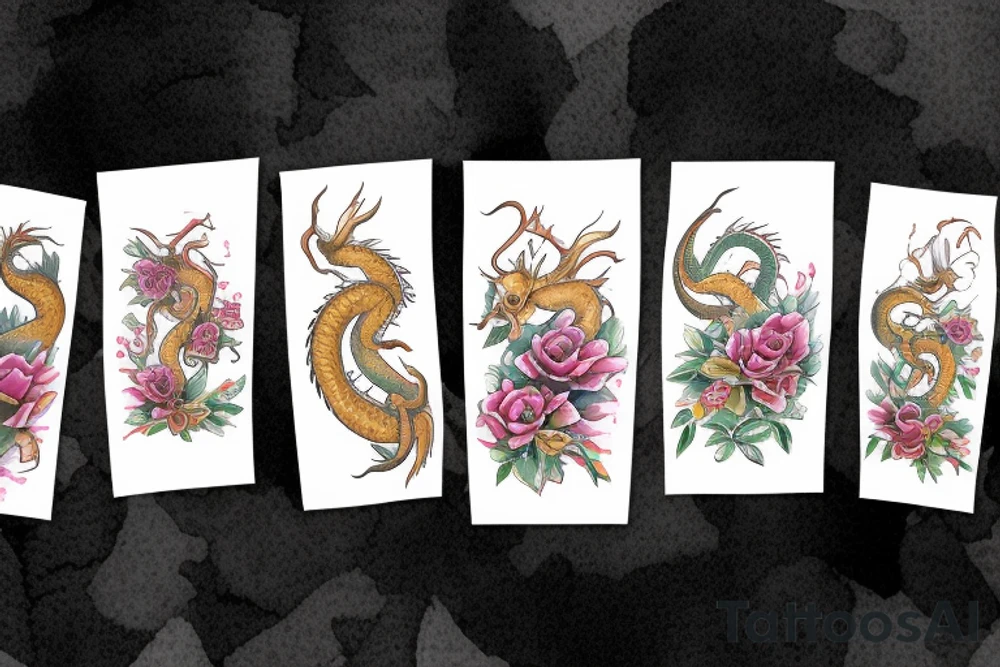 The name Noah, dragons, trees and flowers tattoo idea