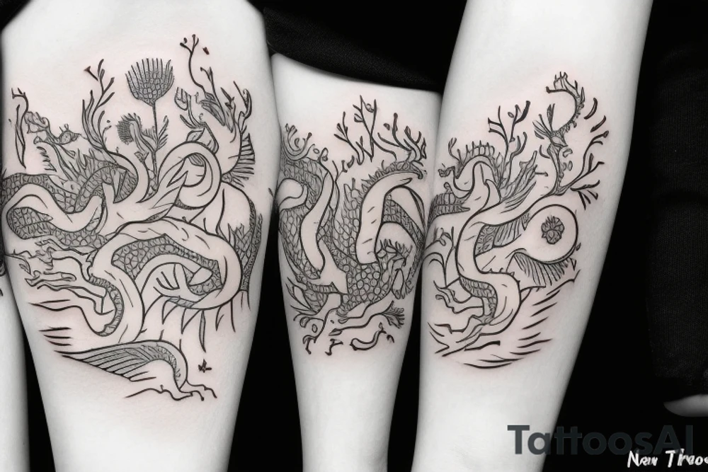 The name Noah, dragons, trees and flowers tattoo idea