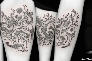 The name Noah, dragons, trees and flowers tattoo idea