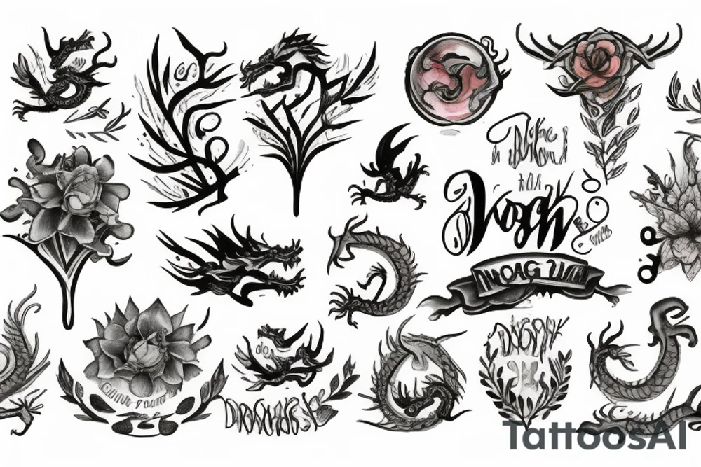 The name Noah, dragons, trees and flowers tattoo idea