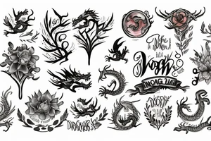 The name Noah, dragons, trees and flowers tattoo idea