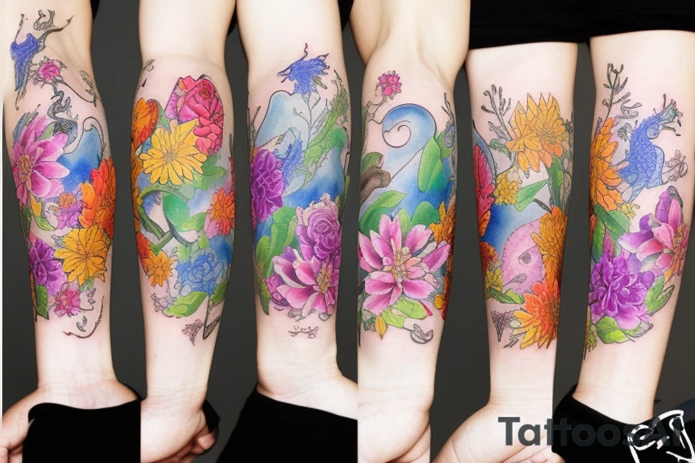 The name Noah, dragons, trees and flowers tattoo idea