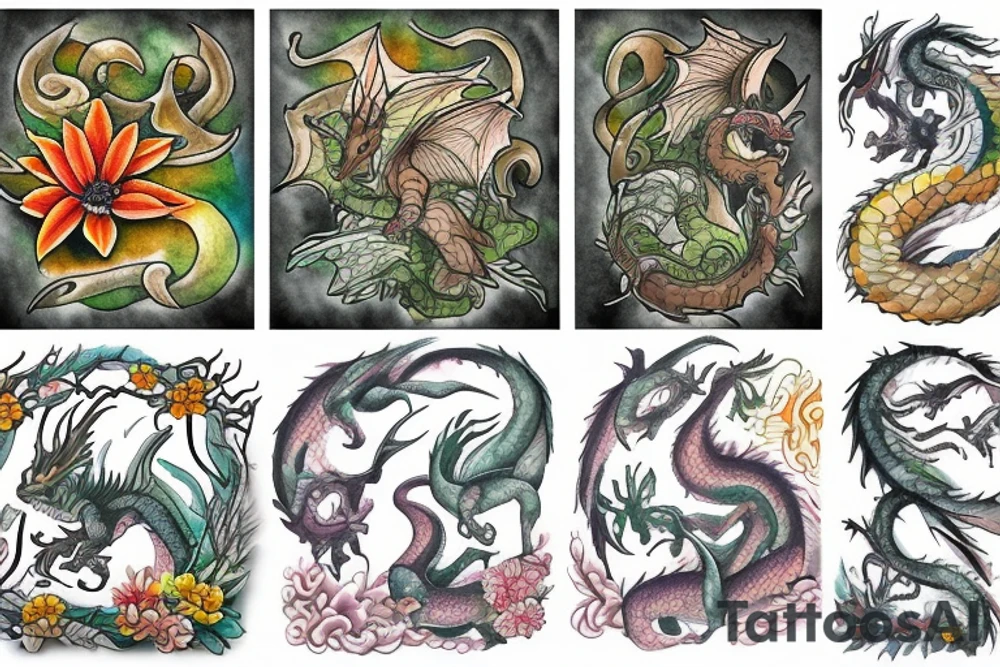 "Noah", dragons, trees, and flowers tattoo idea