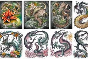 "Noah", dragons, trees, and flowers tattoo idea