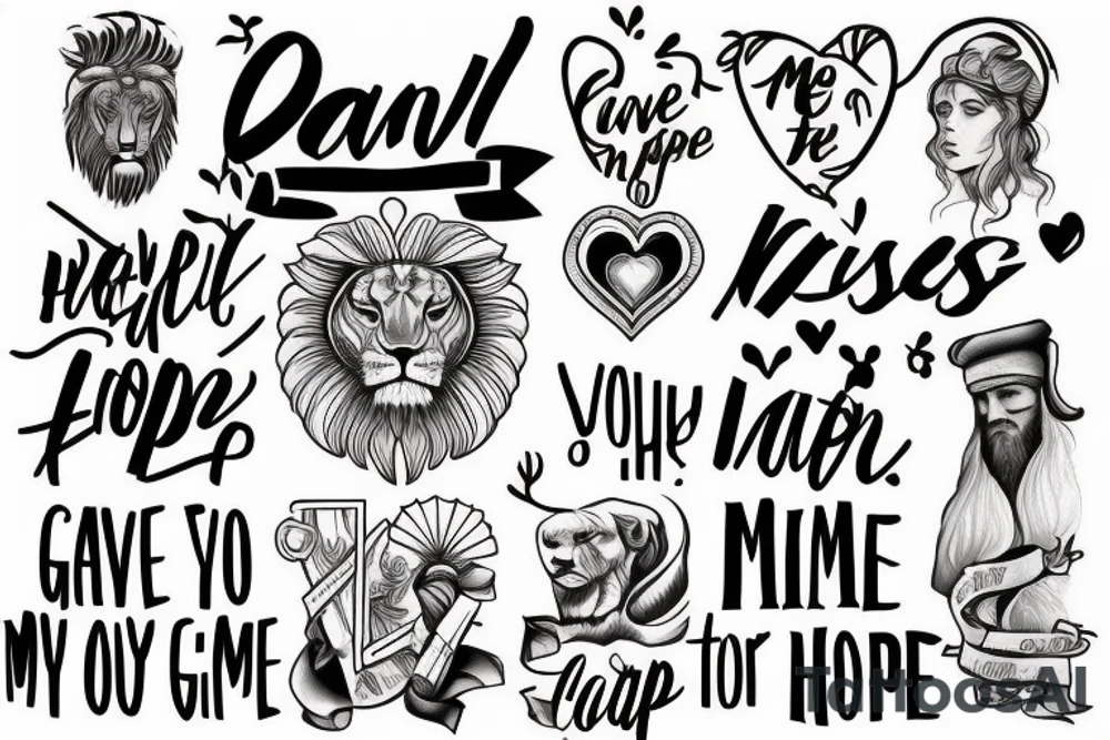 give me faith like Daniel in the lion’s den
Give me hope like Moses in the wilderness
Give me a heart like David, Lord be my defense
So I can face my giants with confidence tattoo idea