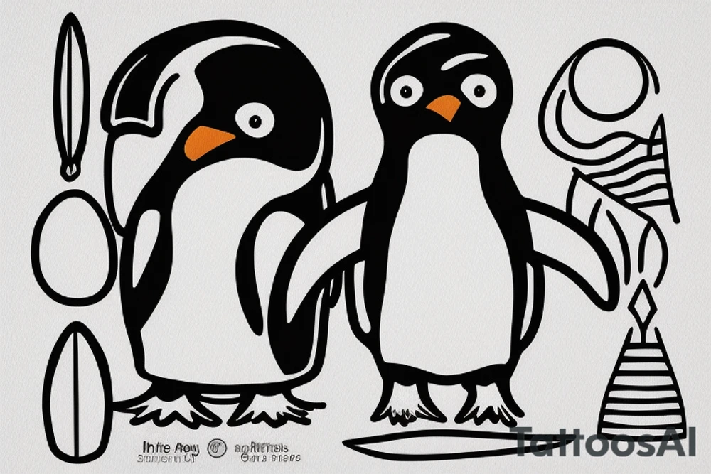 one-line penguin with surfboard 2"x2" tattoo idea