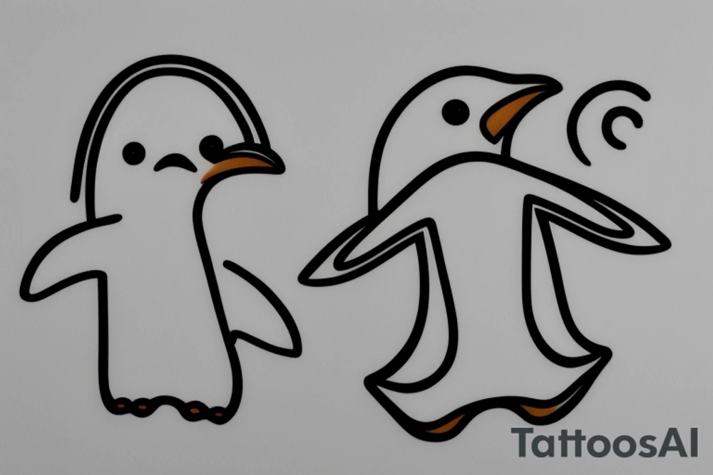 one-line penguin with surfboard 2"x2" tattoo idea