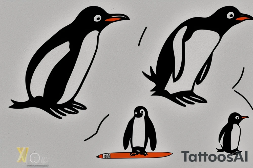 cave painting penguin with surfboard 2"x2" tattoo idea