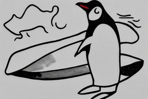 cave painting penguin with a surfboard in hand 2"x2" tattoo idea
