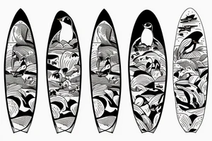 cave painting penguin holds surfboard 2"x2" tattoo idea