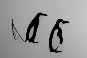 cave painting penguin holds surfboard 2"x2" tattoo idea
