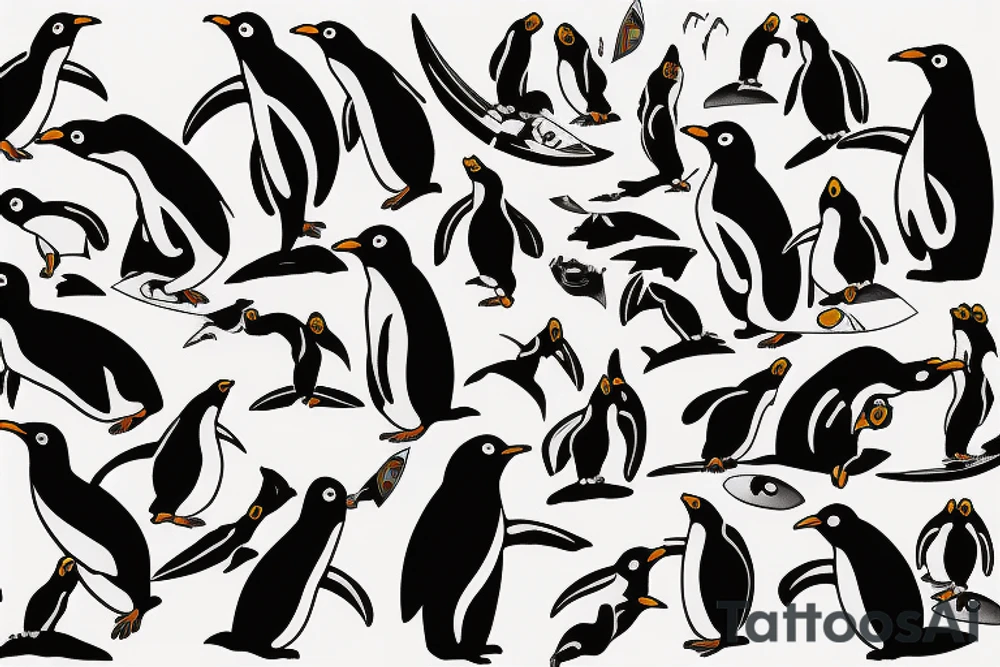 penguin holds surfboard 2"x2" cave painting style tattoo idea