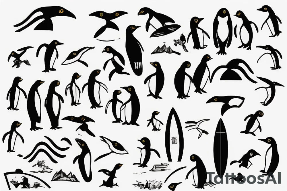 penguin holds surfboard 2"x2" cave painting  style tattoo idea