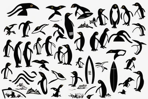 penguin holds surfboard 2"x2" cave painting  style tattoo idea