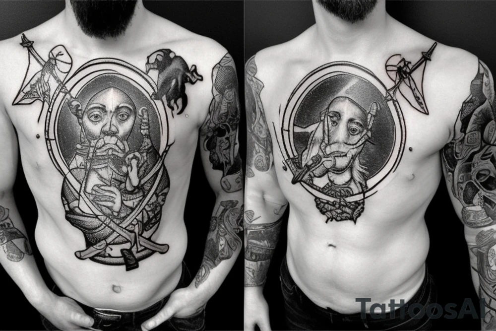 Saint Christopher with the head of a Great Dane holding a spear tattoo idea
