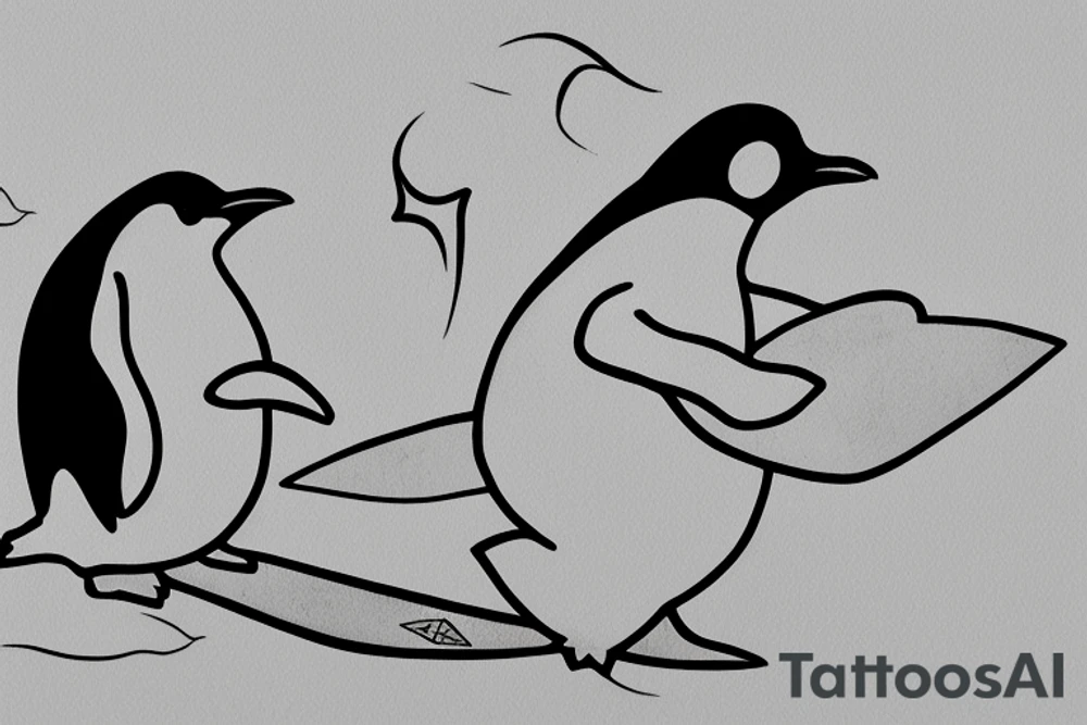 a penguin holds surfboard 2"x2" cave painting style tattoo idea