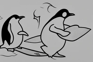 a penguin holds surfboard 2"x2" cave painting  style tattoo idea