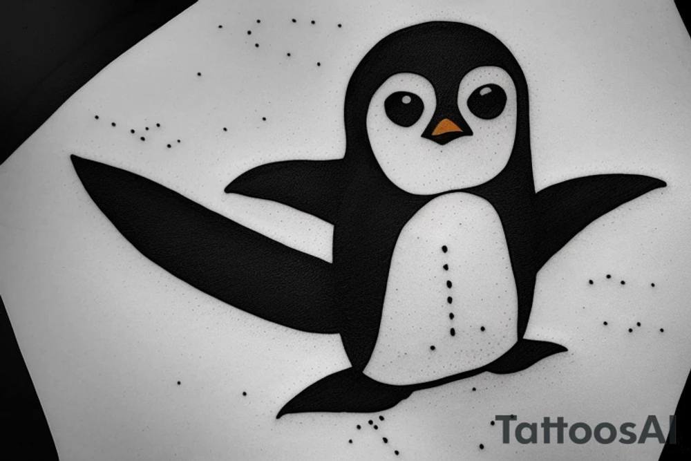 a penguin holds surfboard 2"x2" cave painting style tattoo idea