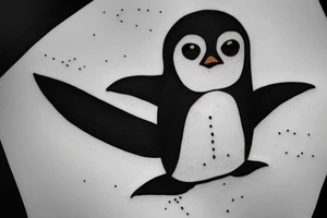 a penguin holds surfboard 2"x2" cave painting  style tattoo idea
