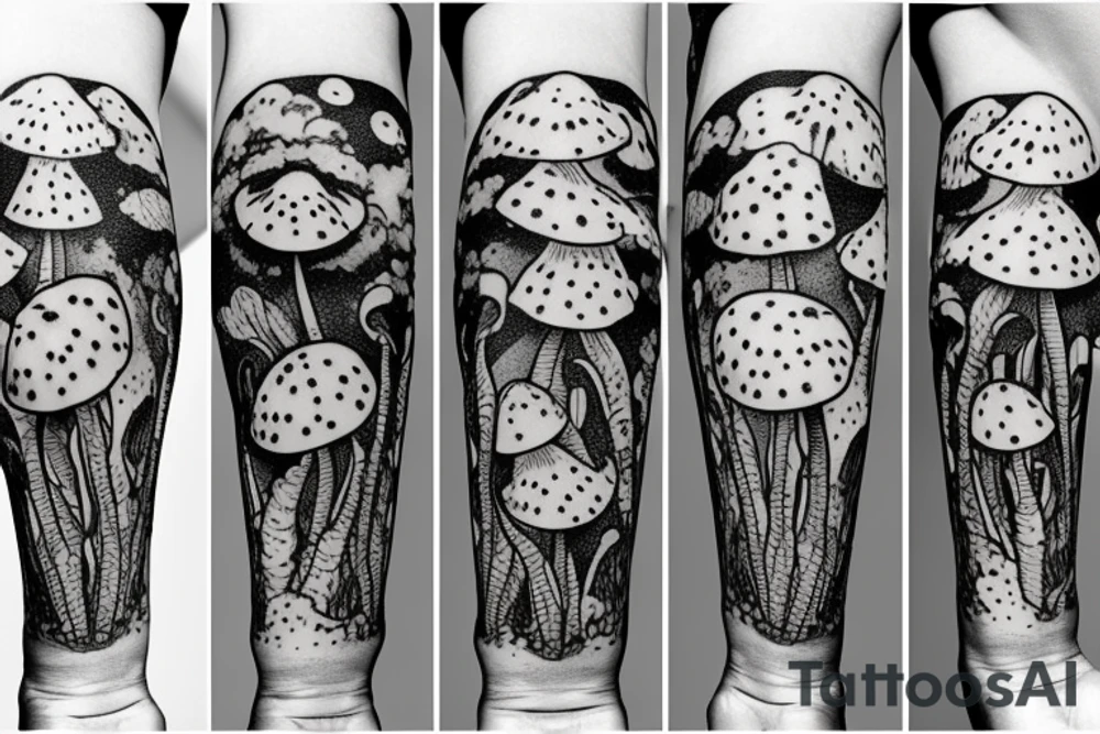 fly agaric in space full arm tattoo idea