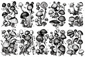 many separate fly agaric mushrooms in space full arm tattoo tattoo idea