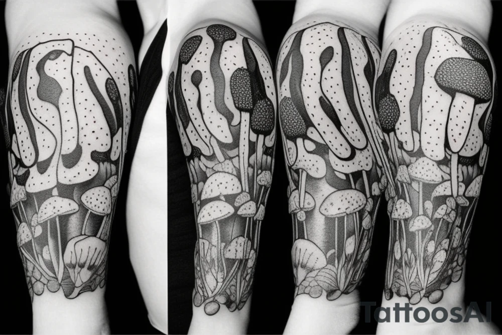 many separate fly agaric mushrooms in space full arm tattoo tattoo idea