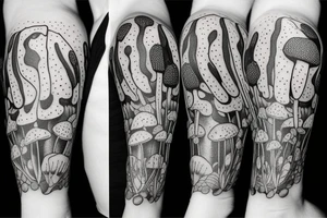 many separate fly agaric mushrooms in space full arm tattoo tattoo idea