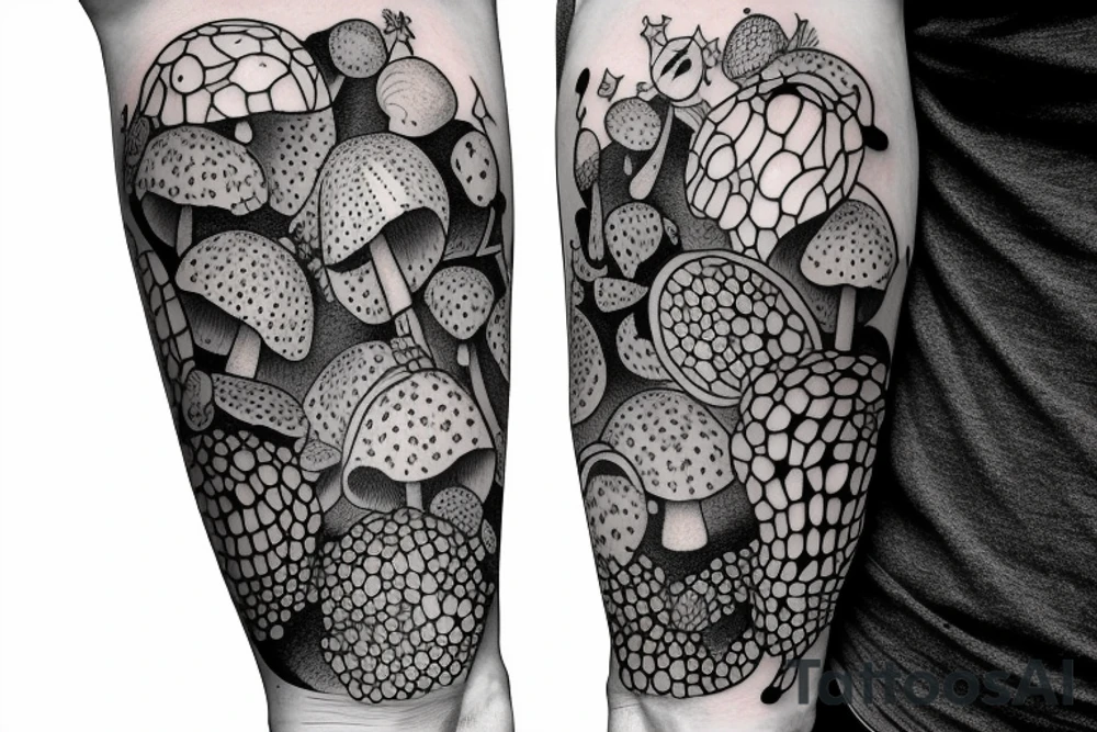 many separate fly agaric mushrooms in space full arm tattoo tattoo idea