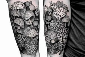 many separate fly agaric mushrooms in space full arm tattoo tattoo idea