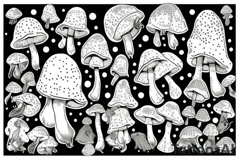 many small separate fly agaric mushrooms in space tattoo idea