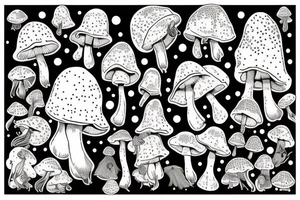 many small separate fly agaric mushrooms in space tattoo idea