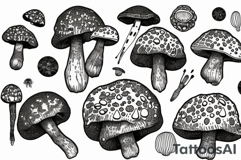 many small separate fly agaric mushrooms in space tattoo idea