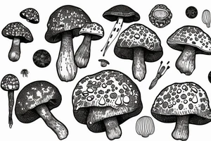 many small separate fly agaric mushrooms in space tattoo idea