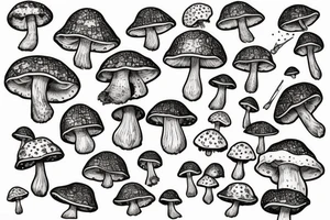 many small separate fly agaric mushrooms in space tattoo idea